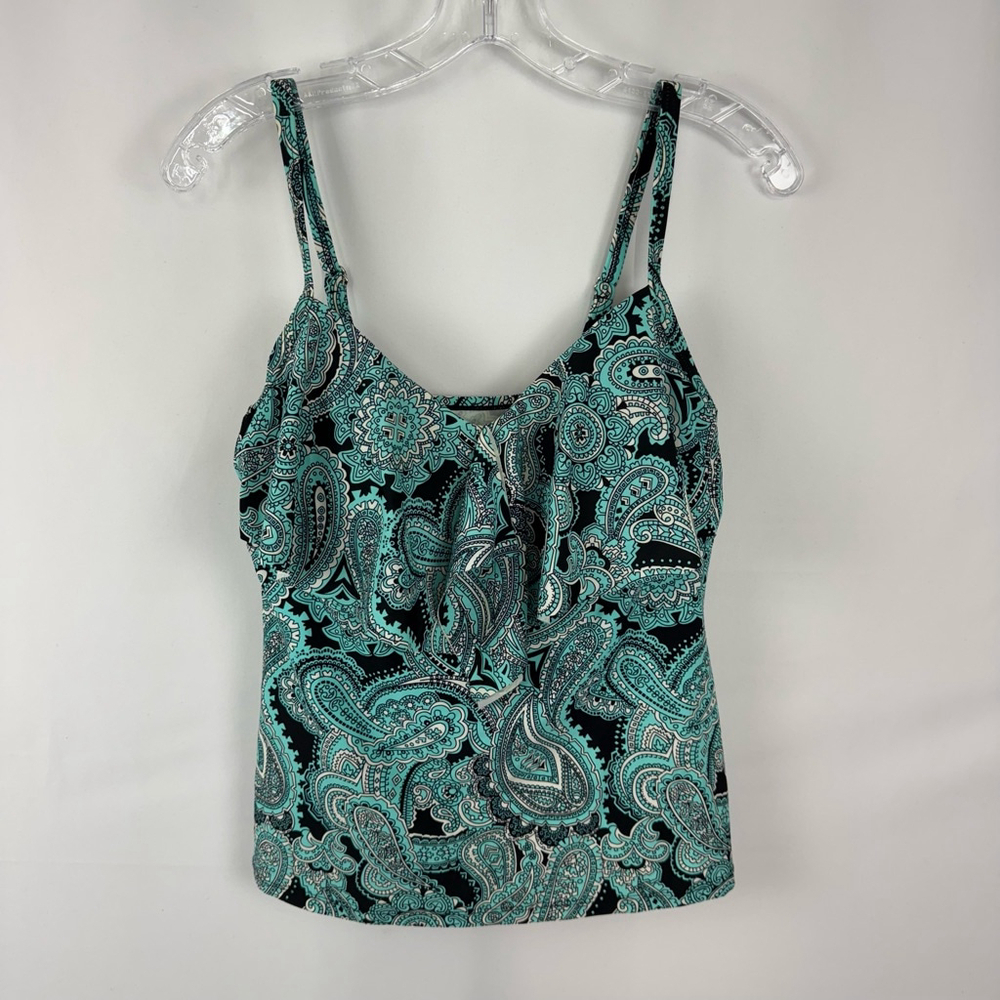Sweet Escape Tankini Bathing Suit Top Women 10 Blue Paisley Boho w/ Built in Bra - Picture 2 of 7